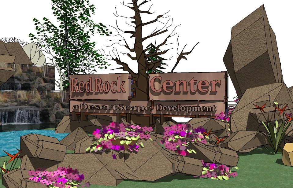 Red Rock Center sign, featuring a desert landscape with foliage, rocks, and vibrant flowers, showcasing a development project.