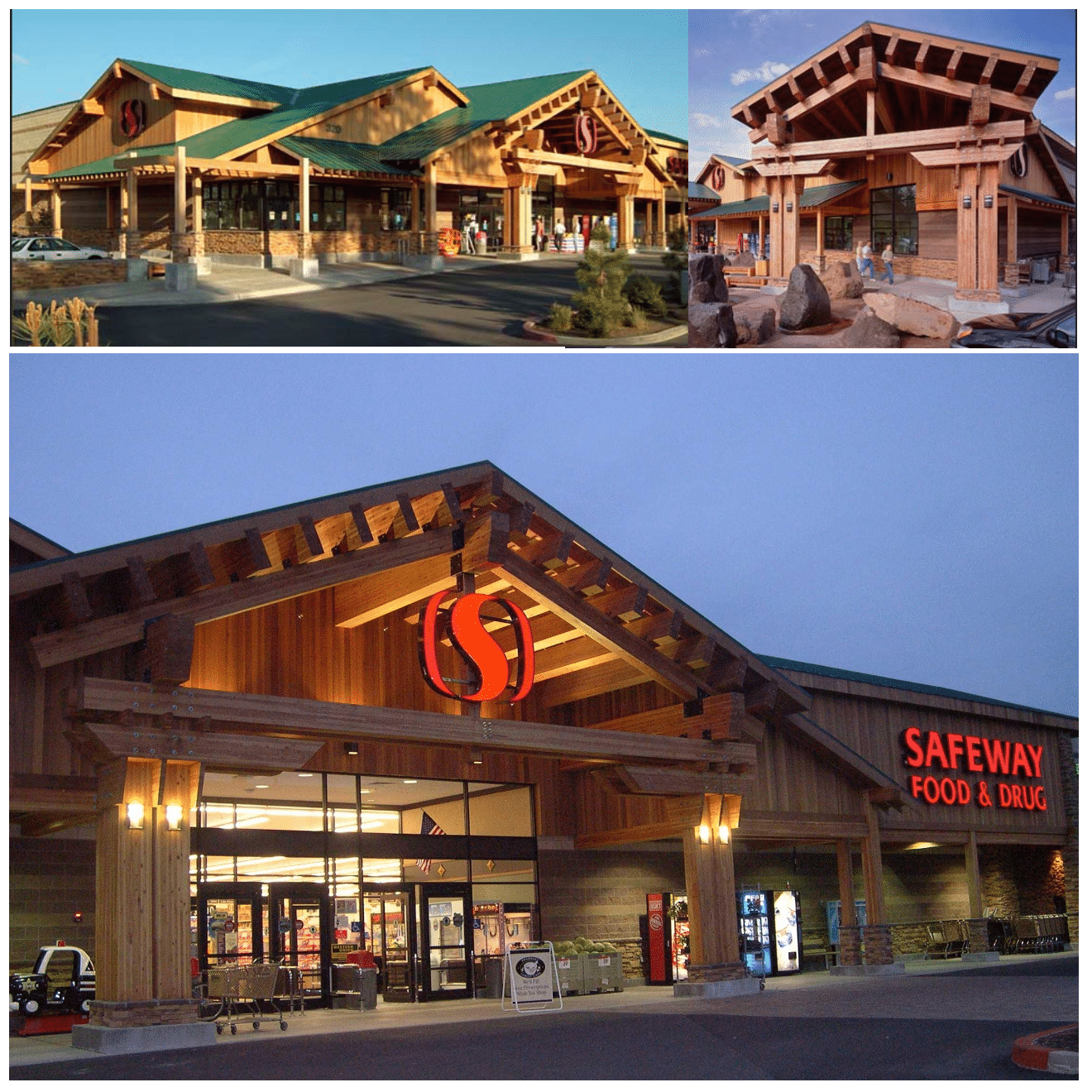 Safeway storefronts showcasing distinctive architectural designs with wooden accents.