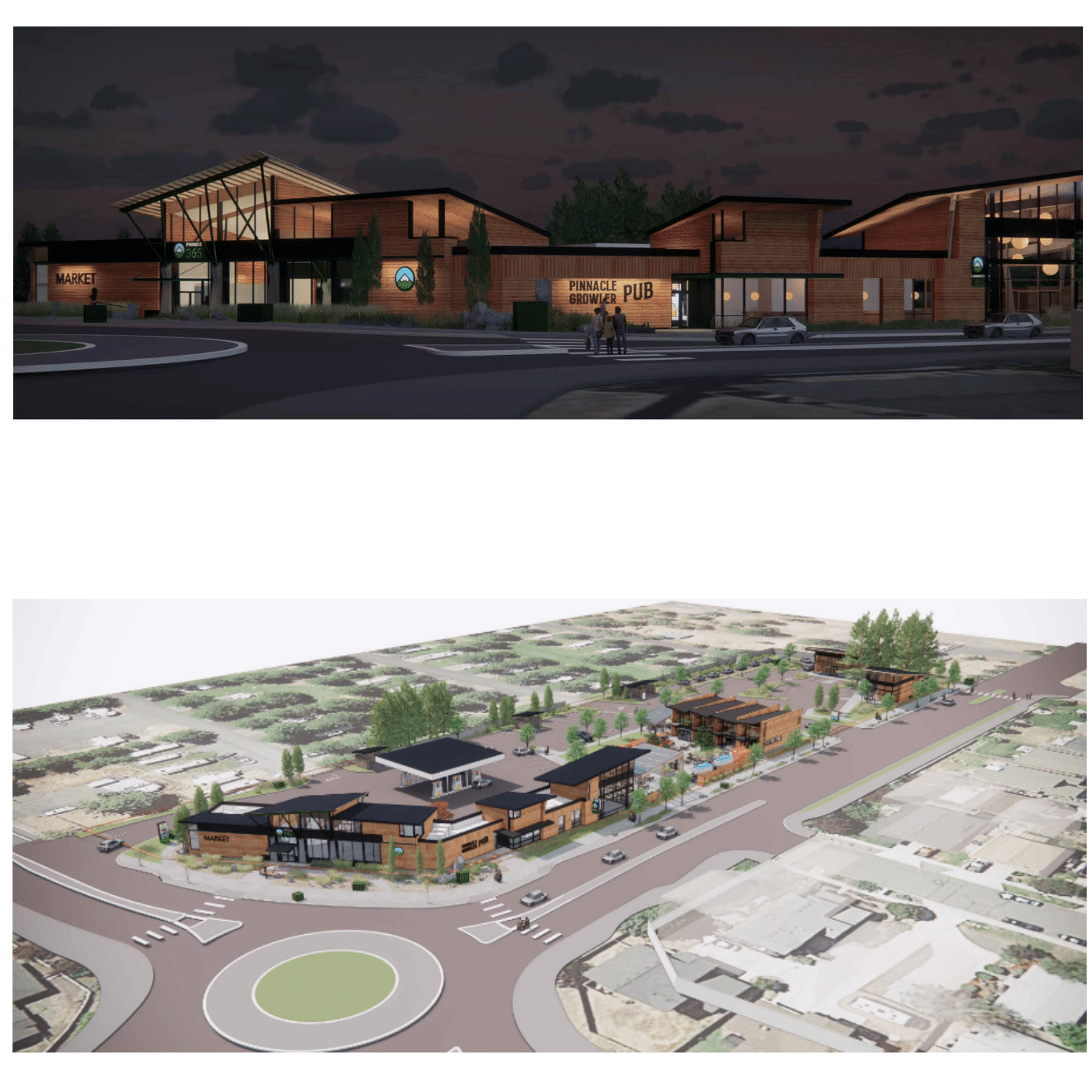 Commercial building designs featuring a market and pub at night, showcasing modern architecture in a community setting. Relevance: highlights local development.