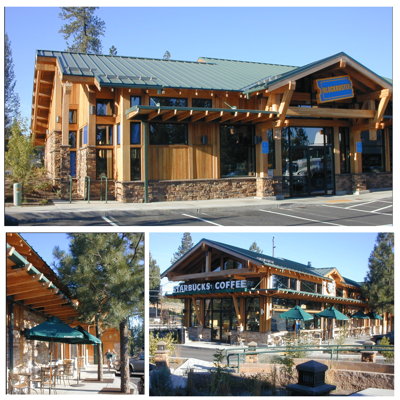 Modern Starbucks building featuring wooden architecture and a green roof, surrounded by outdoor seating and trees. Inviting atmosphere for coffee lovers.