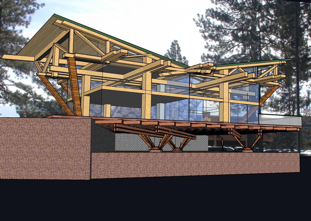 Modern architectural design featuring a wooden and glass structure elevated on stilts, showcasing innovative supports and large windows.
