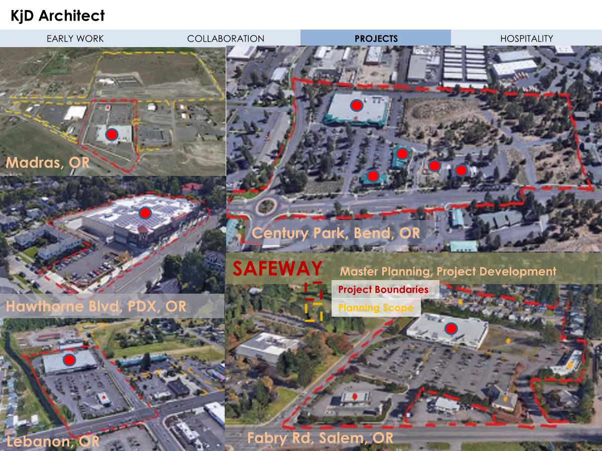 Overview map of architectural projects by KjD Architect in Oregon, highlighting locations like Safeway and Century Park.