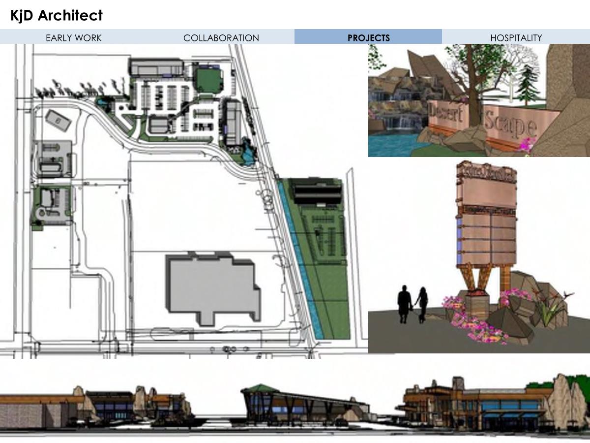 Architectural concept art displaying site plans and designs for a hospitality project, highlighting landscaping, amenities, and structures.