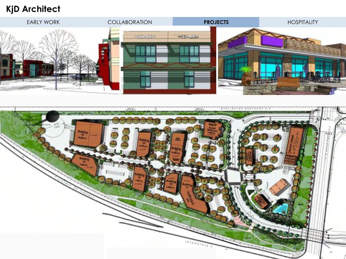 Architectural designs showcasing KJd Architect's projects, featuring building illustrations and a detailed site plan layout.