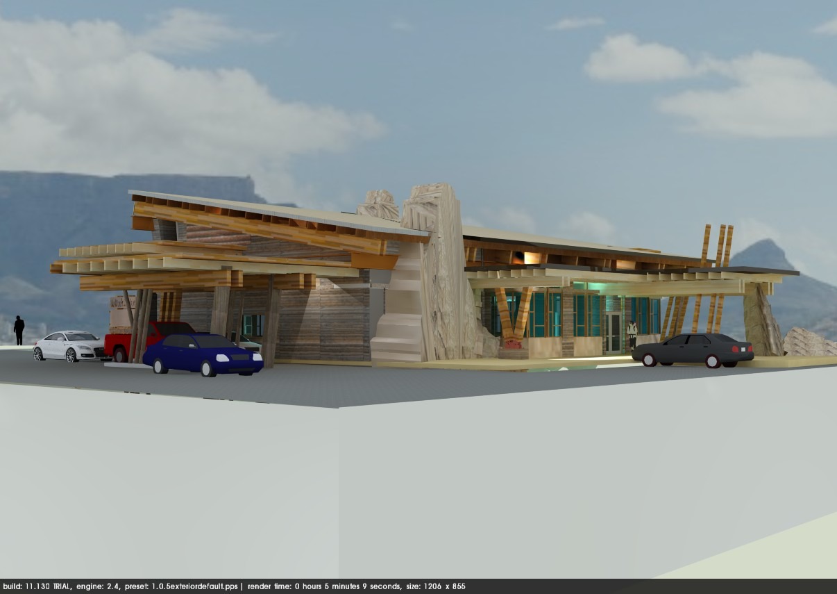Modern architectural rendering of a building featuring wood and stone elements, with parked cars and distant mountains, highlighting its design and setting.
