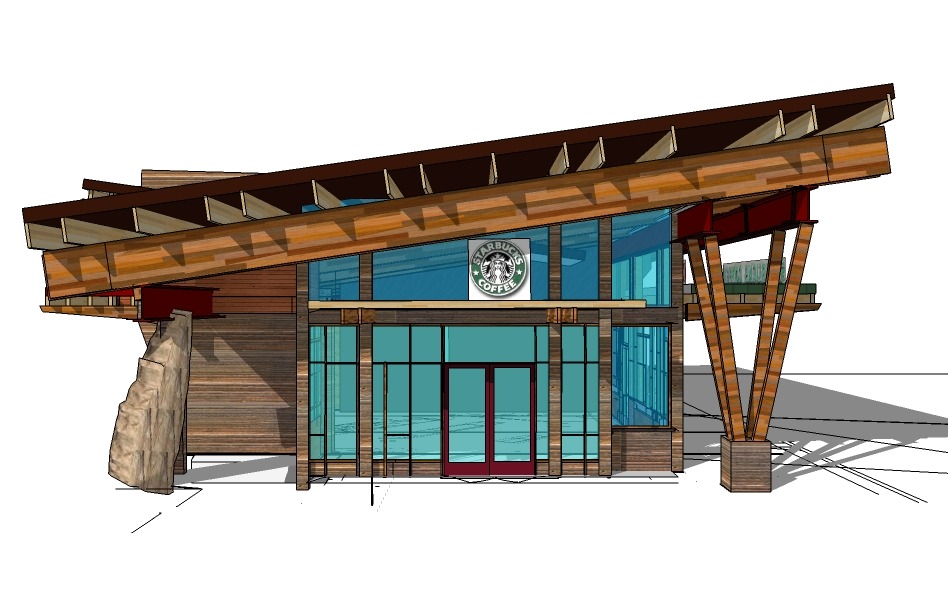 Modern Starbucks store design featuring a wooden facade, large glass windows, and a distinctive sloped roof.