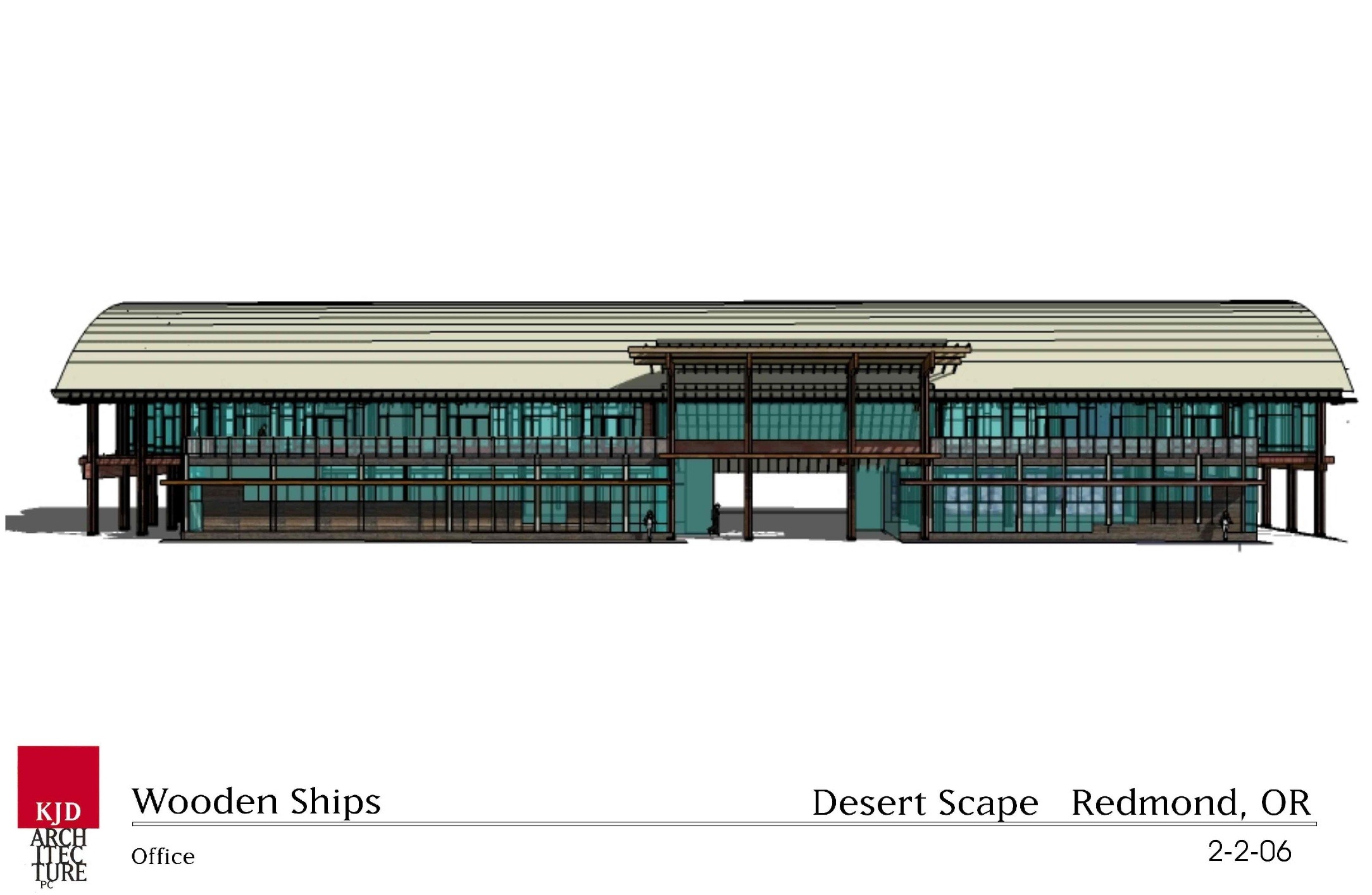 Architectural rendering of the Wooden Ships office in Redmond, OR, featuring a modern design with large windows and a distinctive roofline.