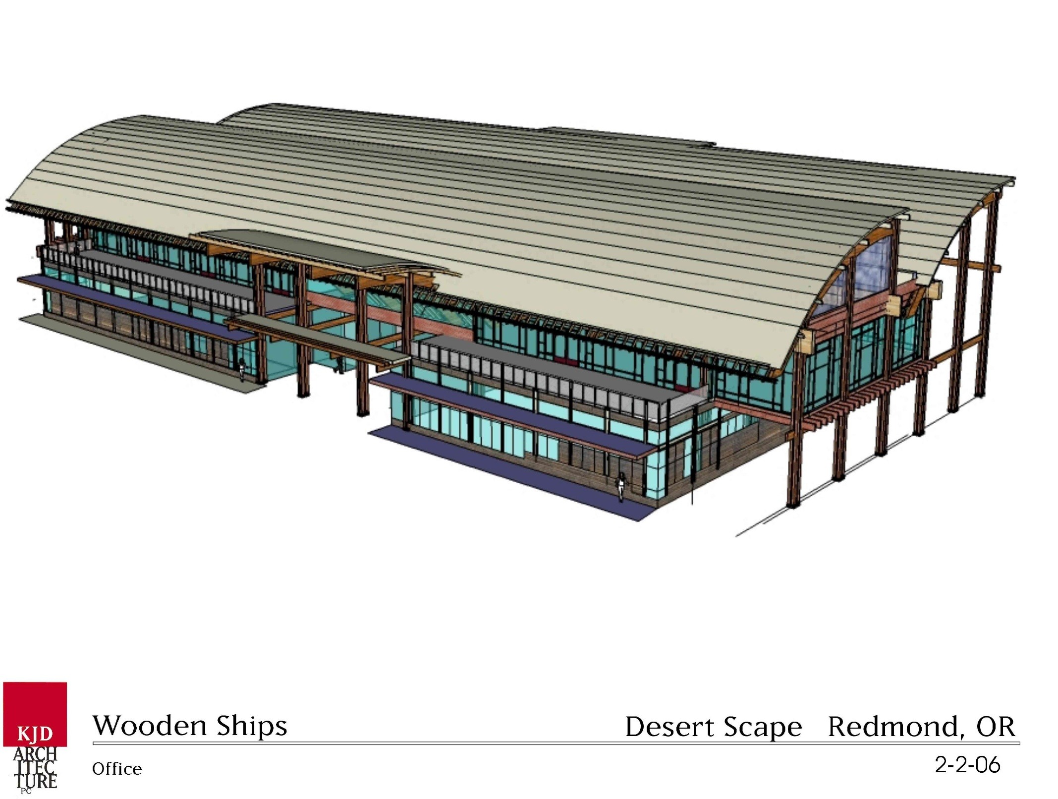 Conceptual architectural design of an office building featuring a curved roof and extensive glass windows, located in Redmond, OR.