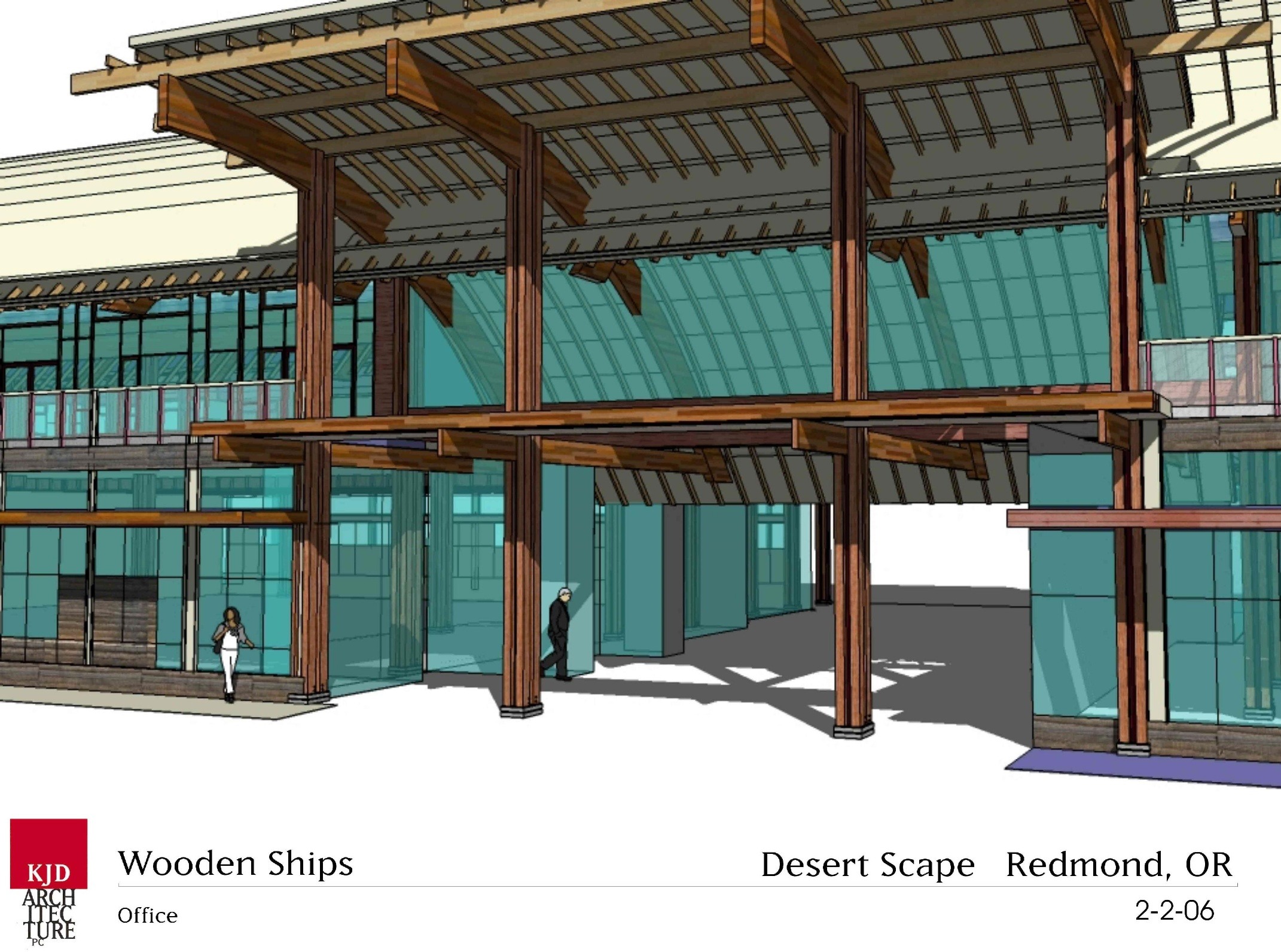Modern office building rendering featuring wooden structural elements and large glass windows, set in Redmond, OR. Designed by KJD Architecture.