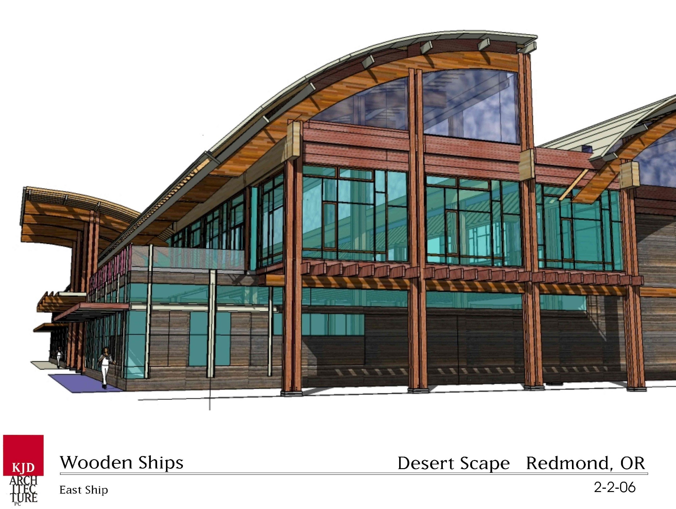 Architectural rendering of the East Ship project by KJD Architecture, showcasing a modern wooden structure with large windows in Redmond, OR.