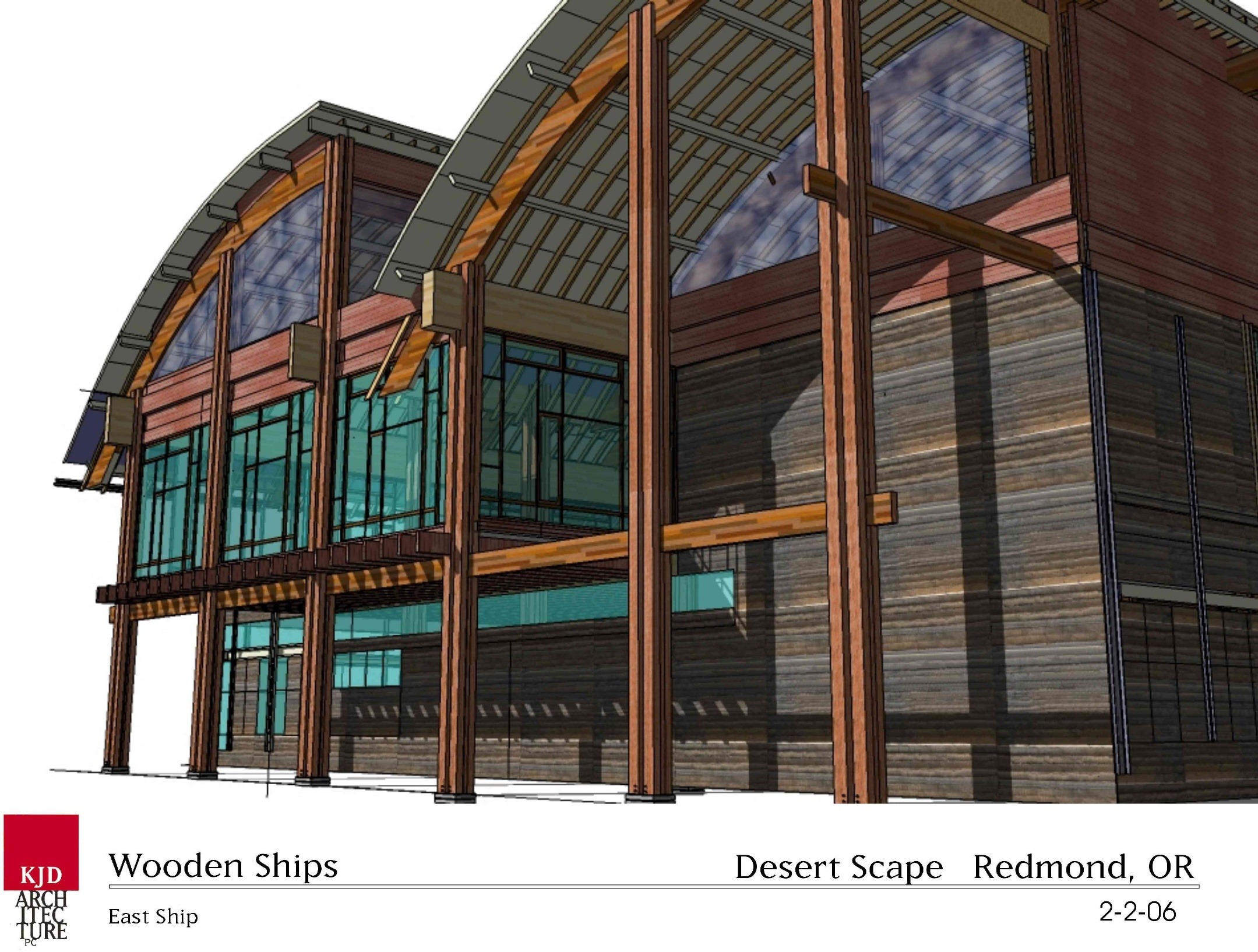 Architectural design showcasing the East Ship building at Desert Scape in Redmond, OR, with a modern wooden structure and large windows.