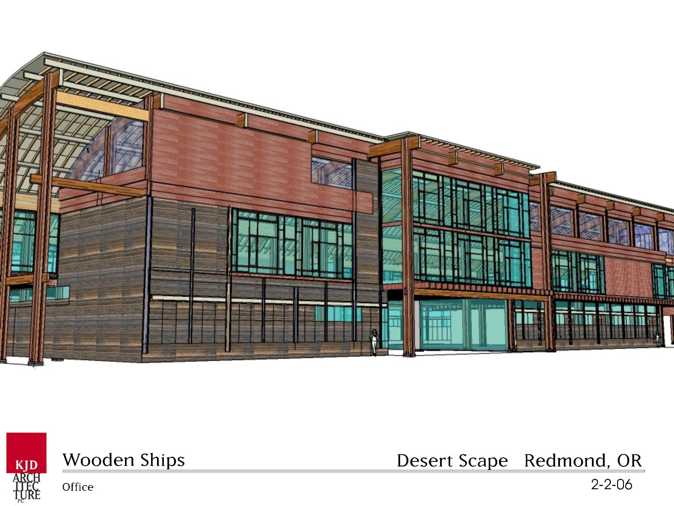 Architectural rendering of a modern office building, highlighting wooden materials and large glass windows.