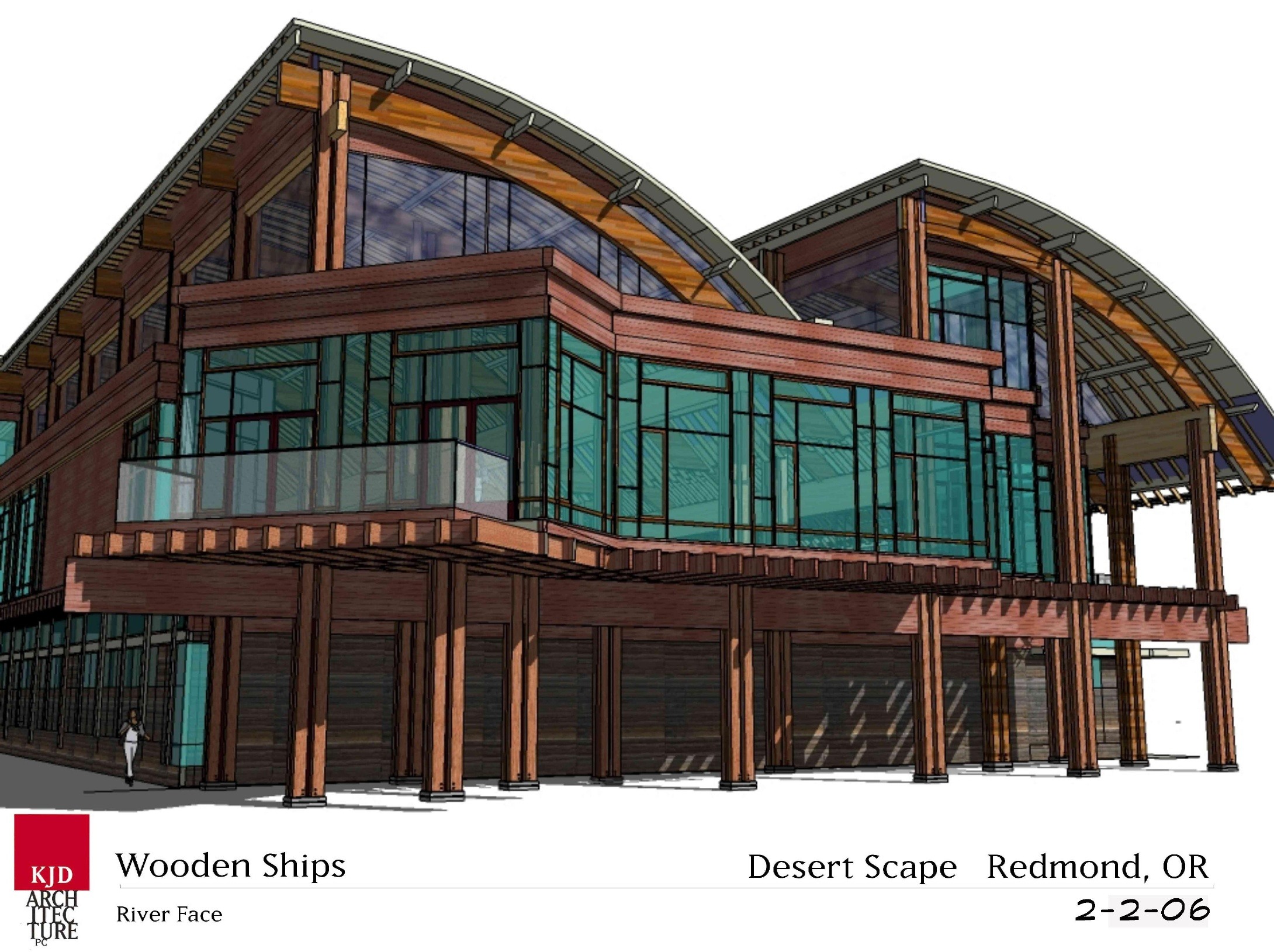 Architectural rendering of a modern wooden building showcasing a curved roof and large glass windows, located in Redmond, Oregon.