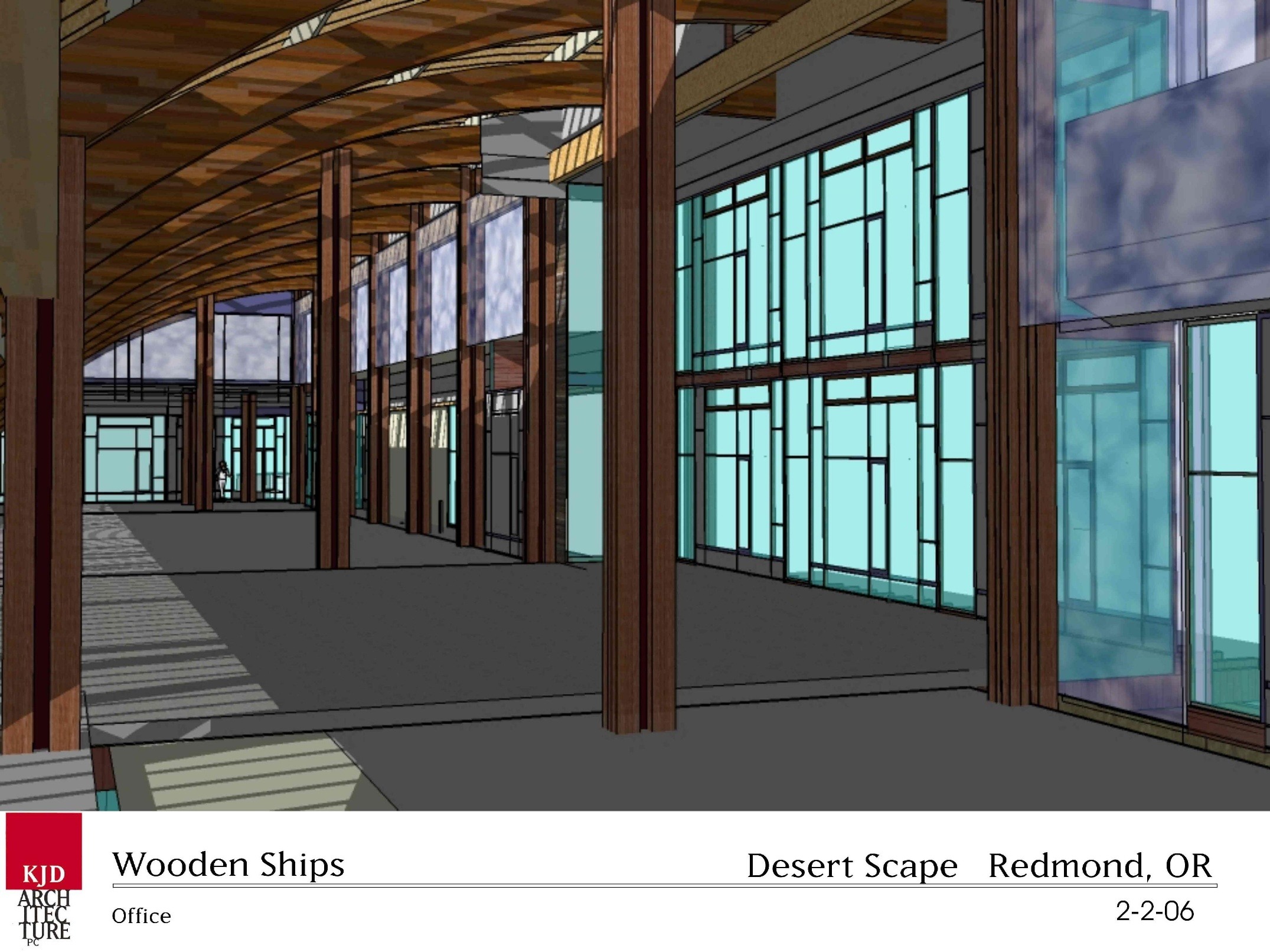 Modern office interior design with wooden beams and large glass windows, showcasing an open space concept. Relevant to architectural design projects.