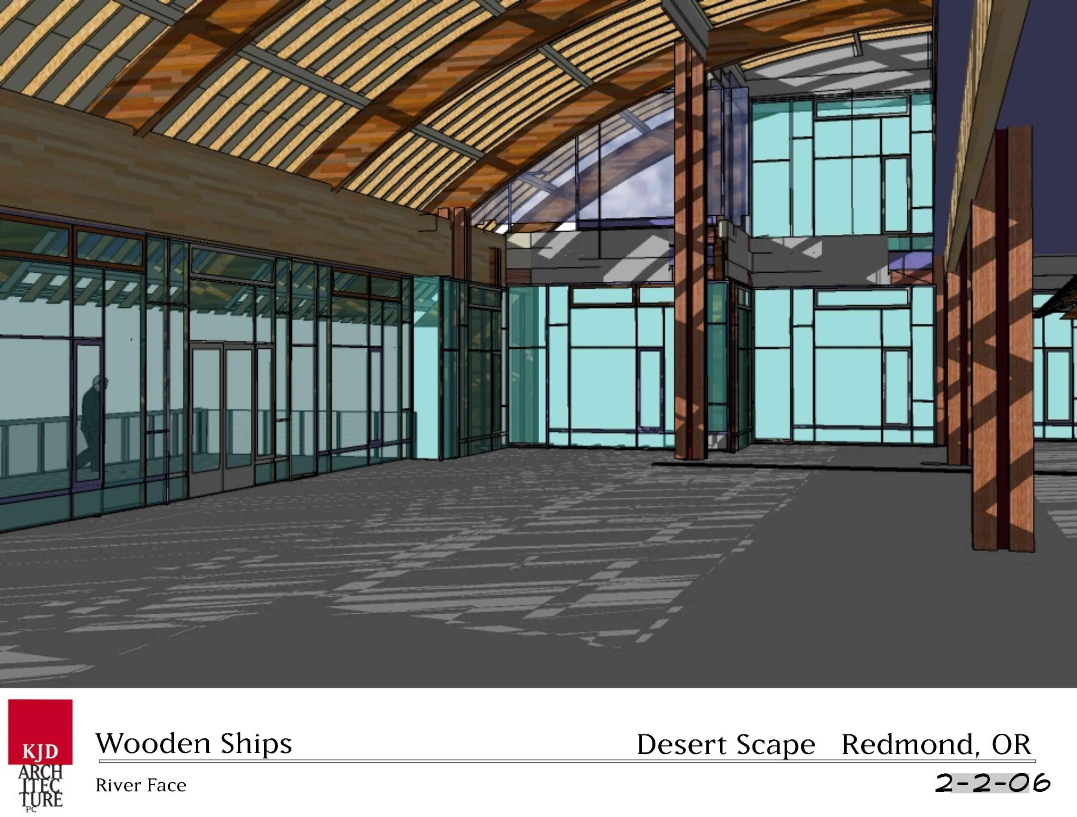 Architectural rendering of the "Wooden Ships" project in Redmond, OR, showcasing a spacious interior with large glass walls and a wooden ceiling.
