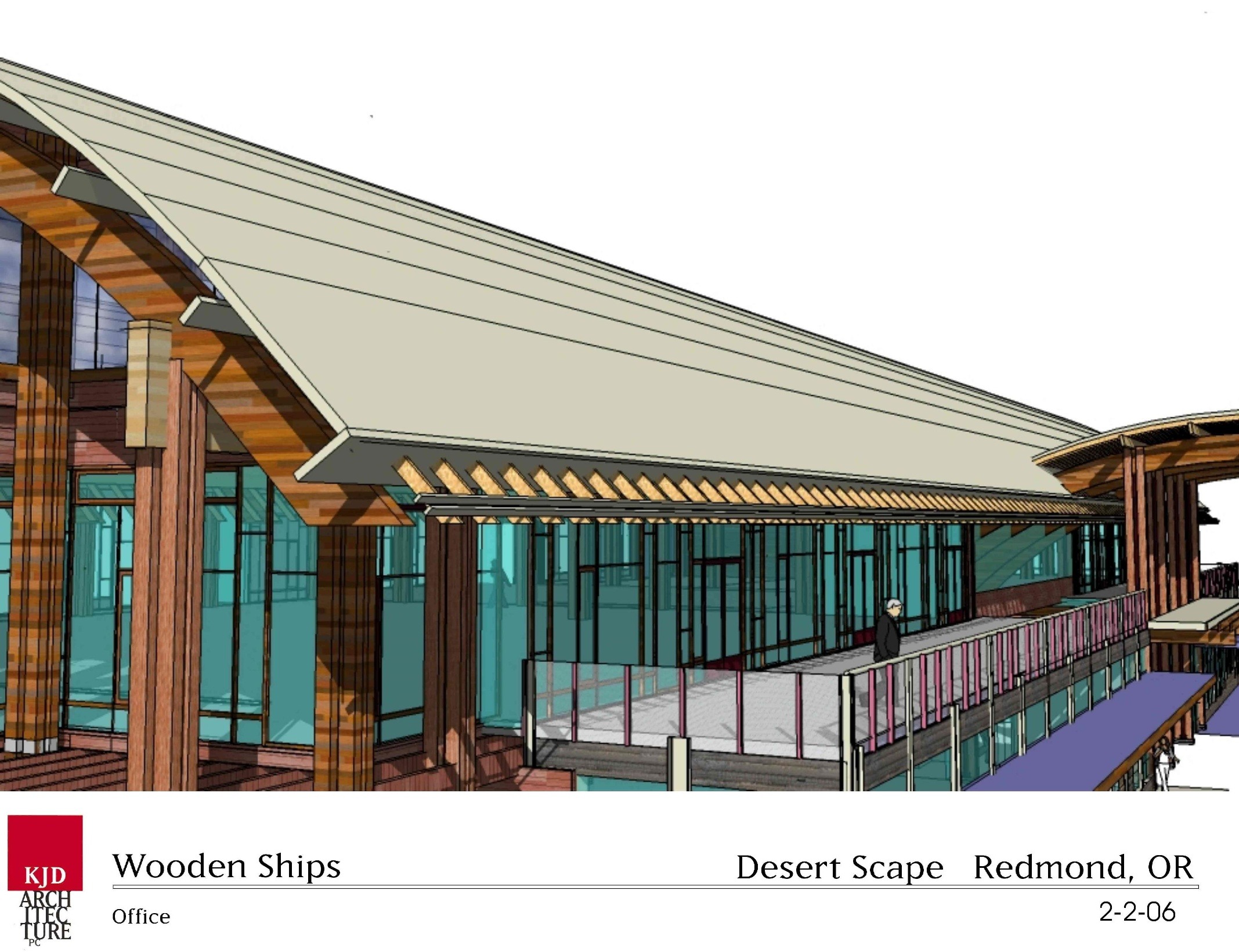 Architectural rendering of a modern office building in Redmond, OR, featuring wooden elements, large windows, and a distinctive sloped roof.