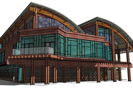 Modern architectural rendering of a multi-level building featuring large glass panels and wooden accents, showcasing sustainable design principles.
