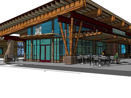 Modern coffee shop design featuring large glass windows and wooden accents, with outdoor seating for customers. Ideal for contemporary urban settings.