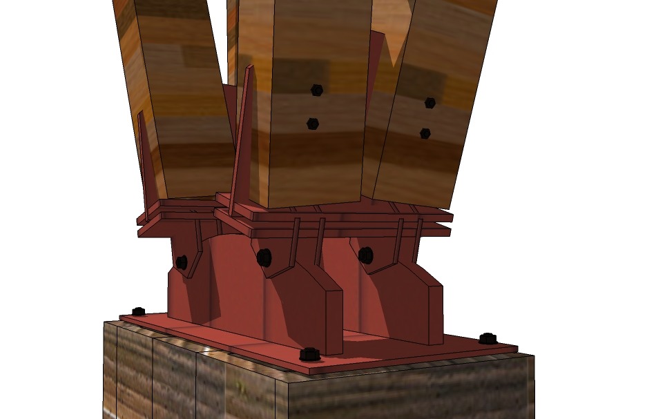 Wooden structure anchored with red metal supports, illustrating a construction joint design for stability in architectural projects.
